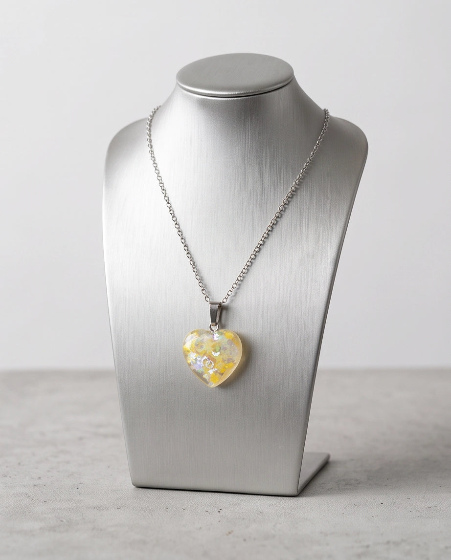 Silver Sunshine Yellow Glitter Heart Resin Pendant Necklace