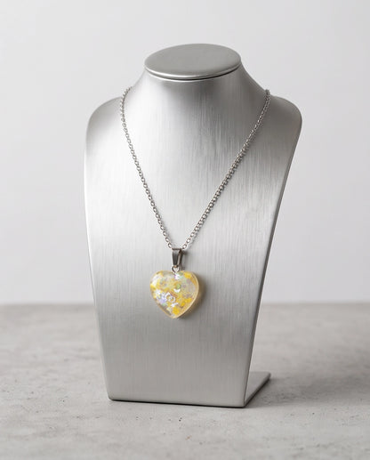 Silver Sunshine Yellow Glitter Heart Resin Pendant Necklace