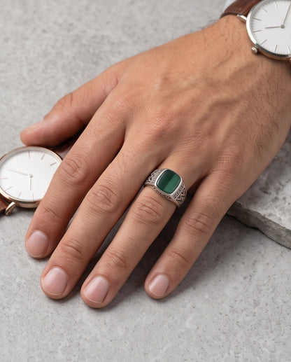 Green Agate Cushion Cabochon Greek Key Zigzag Silver Ring
