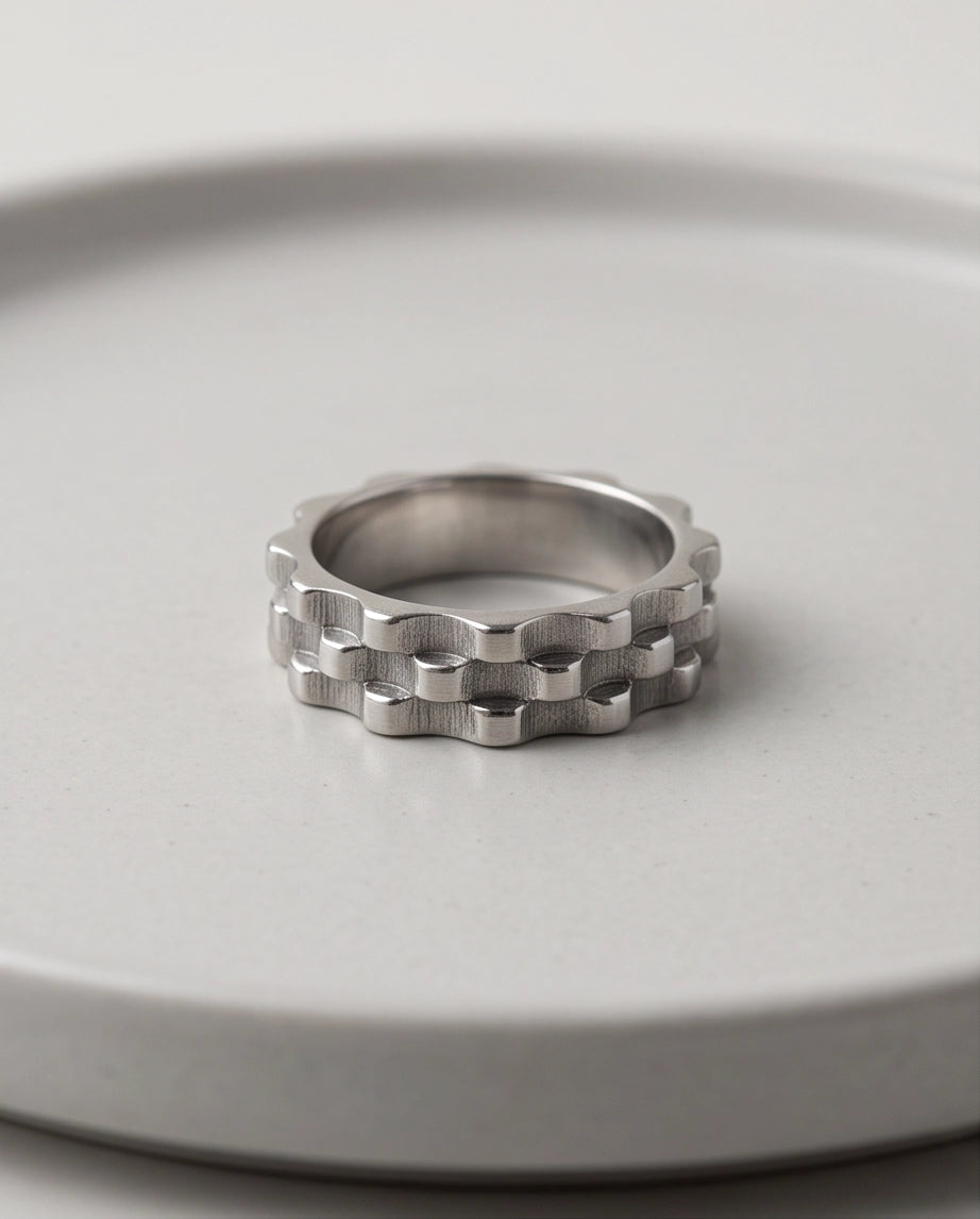 Industrial Cogwheel Scalloped Silver Band