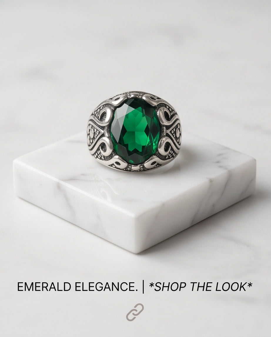 Emerald Gemstone Scalloped Crown Bezel Scroll Filigree Silver Ring