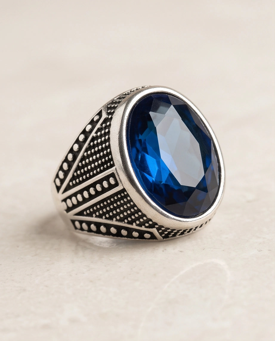 Sapphire Gemstone Beaded Smooth Bezel Chevron Stippled Silver Ring