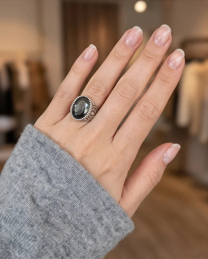 Obsidian Gemstone Beaded Frame Flame Silver Ring