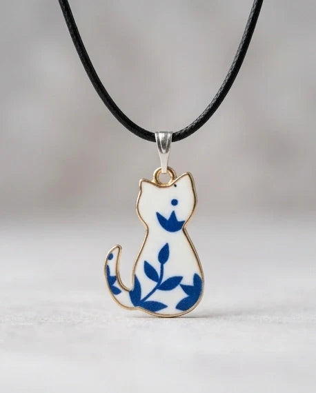 Artistic Blue Porcelain Feline Silhouette Pendant Necklace