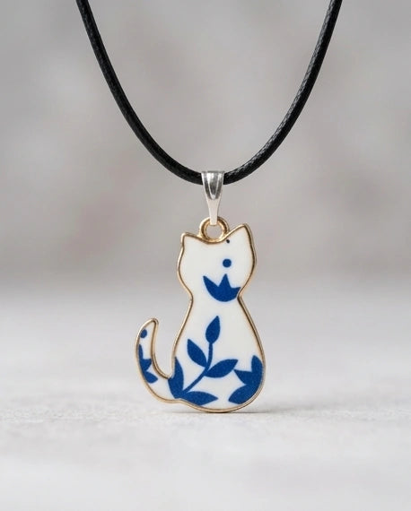 Artistic Blue Porcelain Feline Silhouette Pendant Necklace