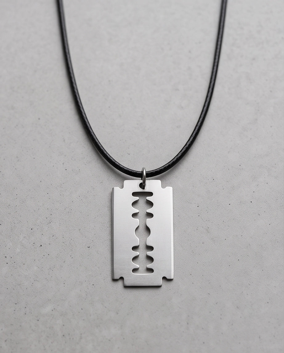 Brushed Silver Razor Blade Cord Necklace
