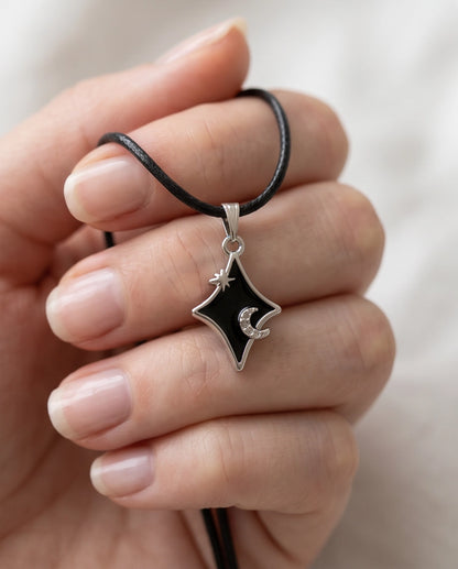 Celestial Black Starburst Moon Pendant Necklace