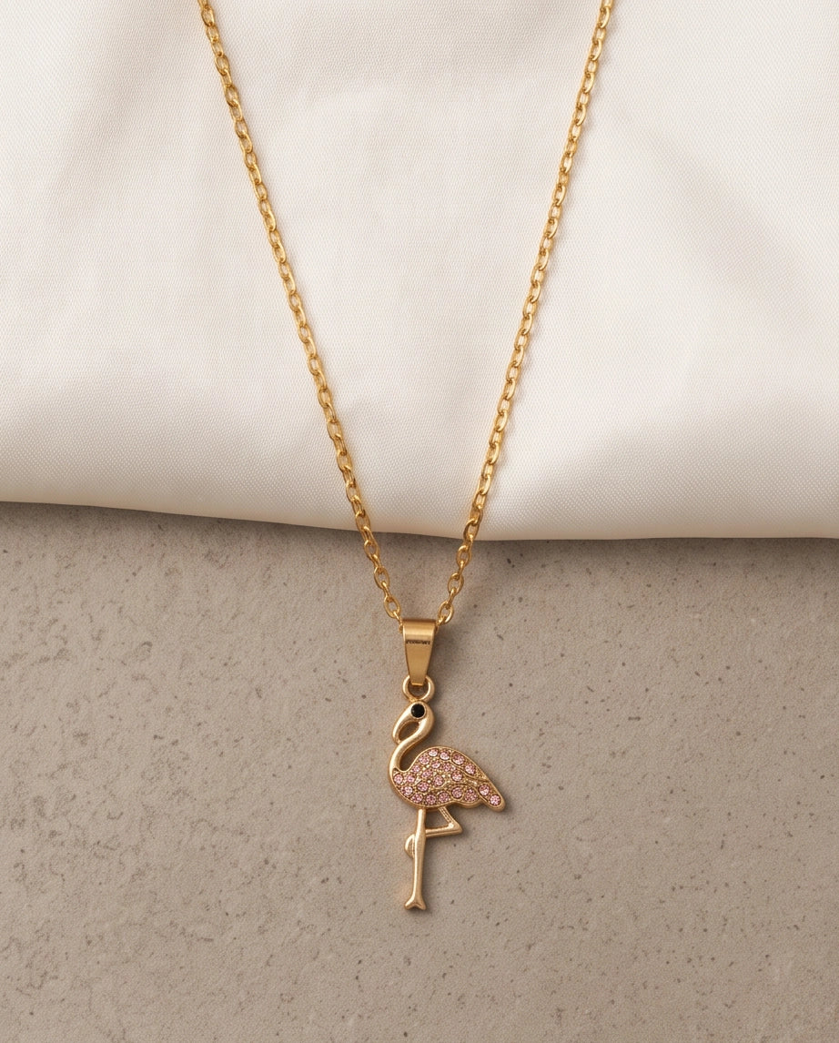 Gold Pink Crystal Paved Flamingo Pendant Necklace
