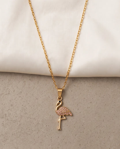 Gold Pink Crystal Paved Flamingo Pendant Necklace