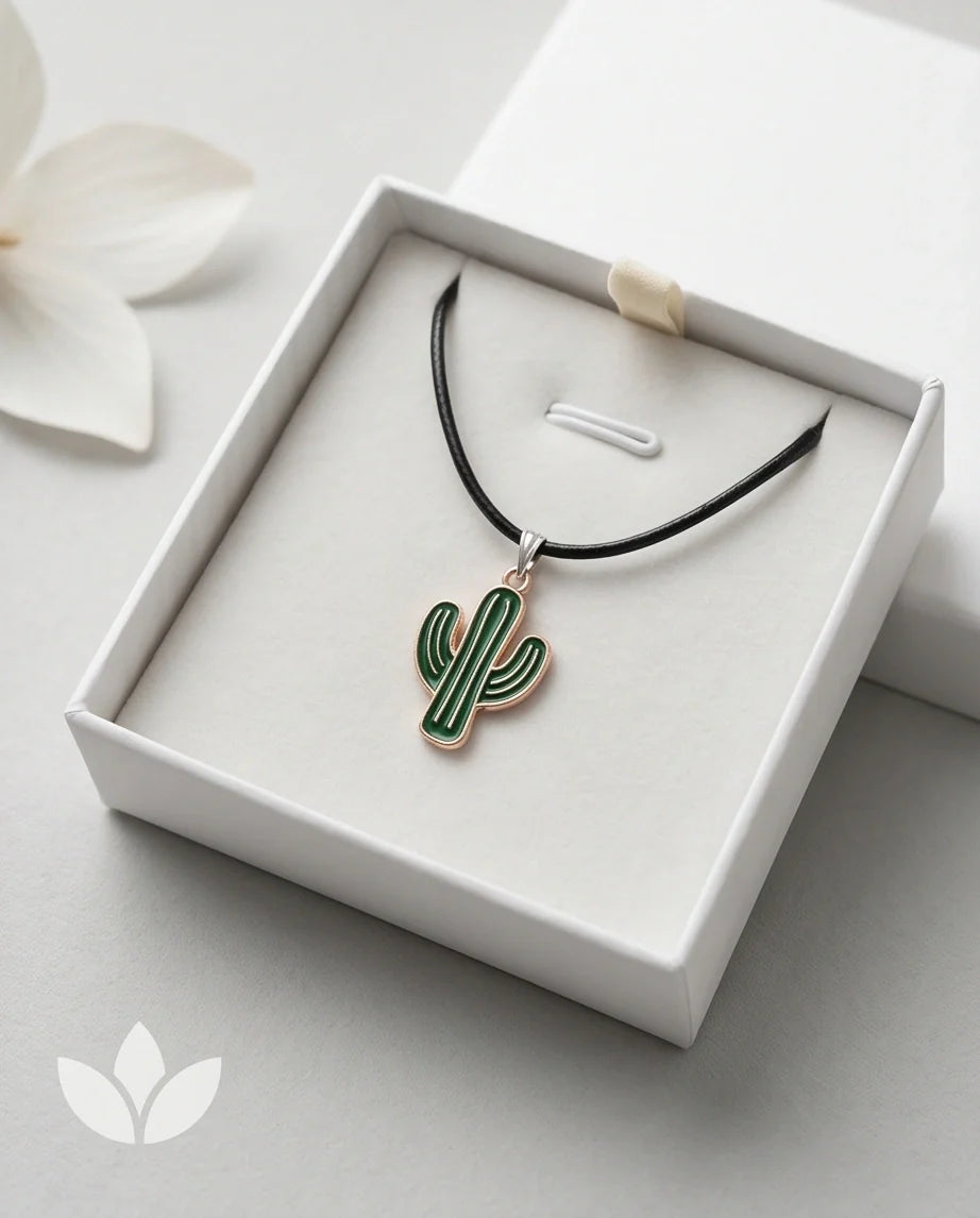 Gold and Green Cactus Pendant Necklace