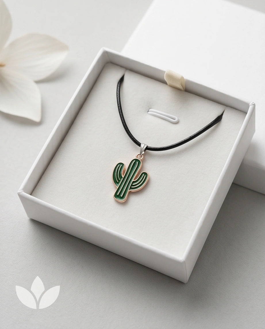 Gold and Green Cactus Pendant Necklace