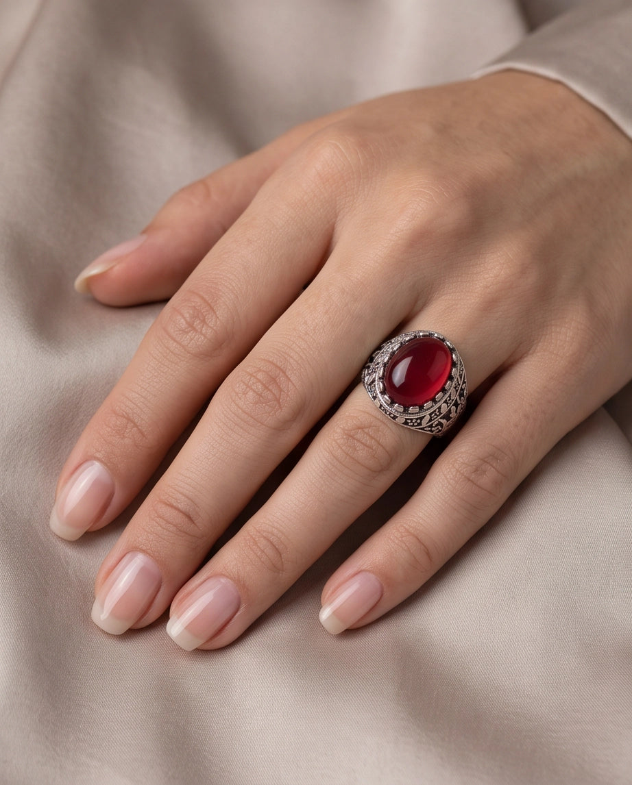 Crimson Red Oval Cabochon Ornate Leaf Scrollwork Silver Ring