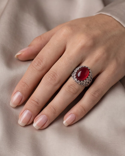 Crimson Red Oval Cabochon Ornate Leaf Scrollwork Silver Ring