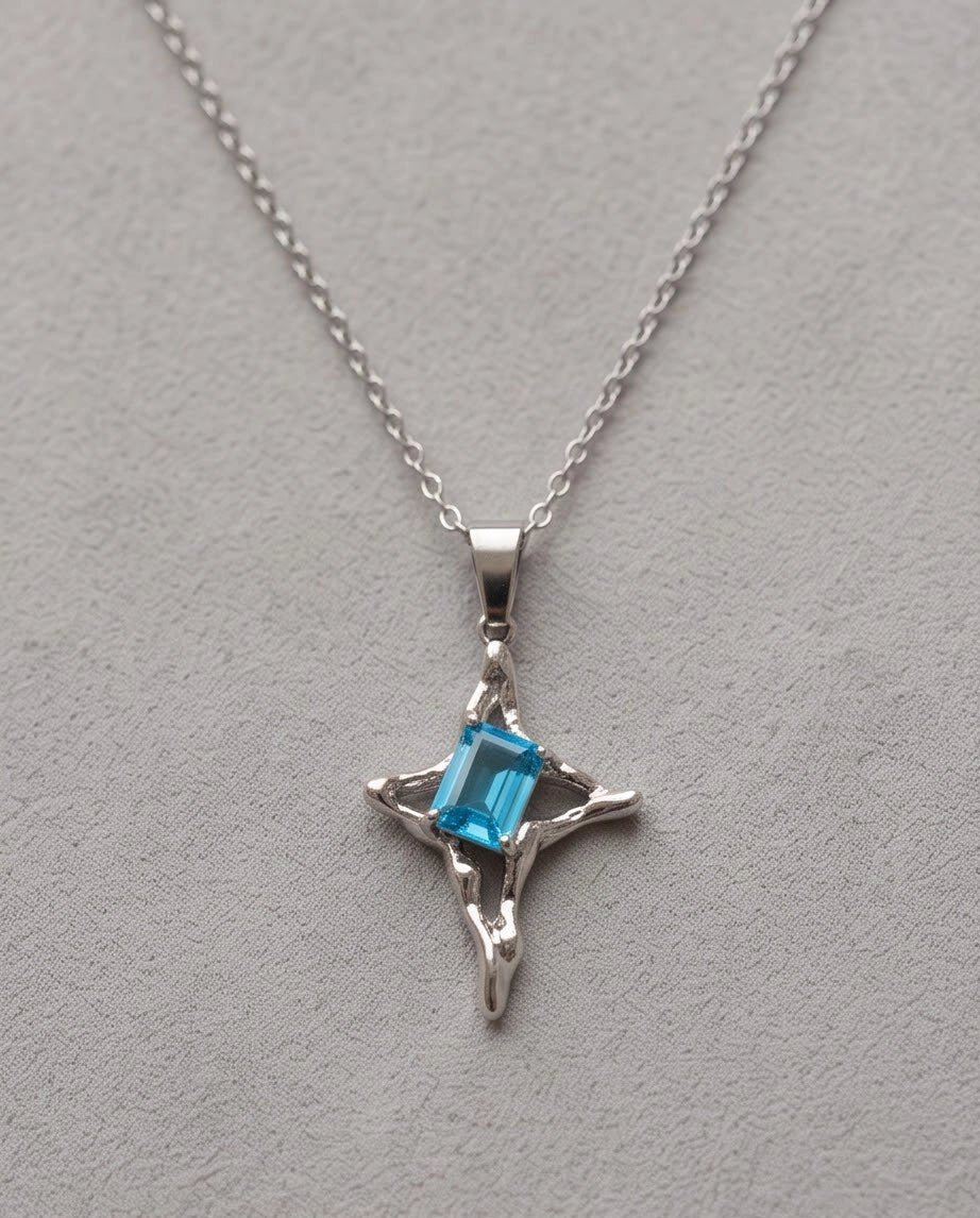 Silver Blue Gemstone Gothic Cross Pendant Necklace