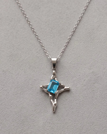 Silver Blue Gemstone Gothic Cross Pendant Necklace