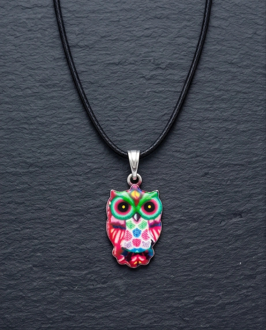 Vibrant Kaleidoscope Owl Totem Pendant Necklace