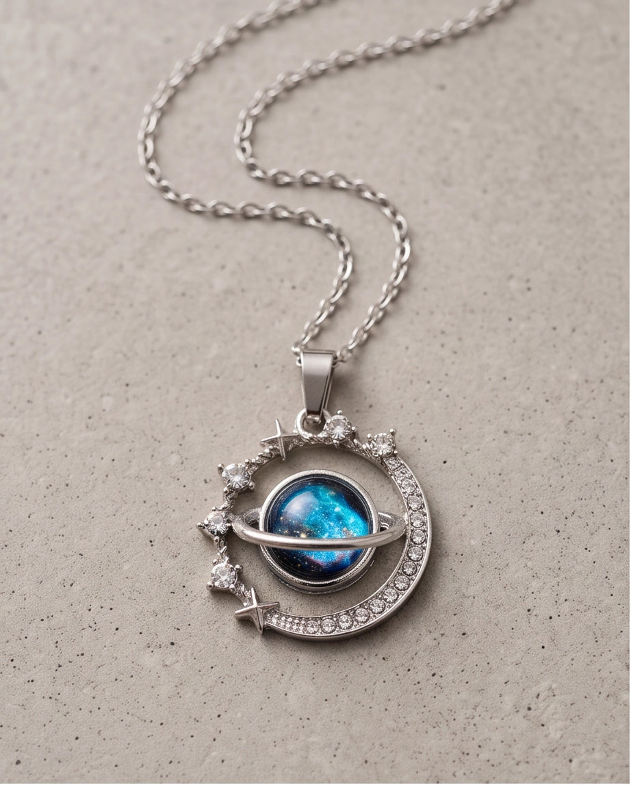 Silver Cosmic Galaxy Planet Crescent Pendant Necklace
