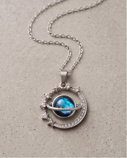 Silver Cosmic Galaxy Planet Crescent Pendant Necklace