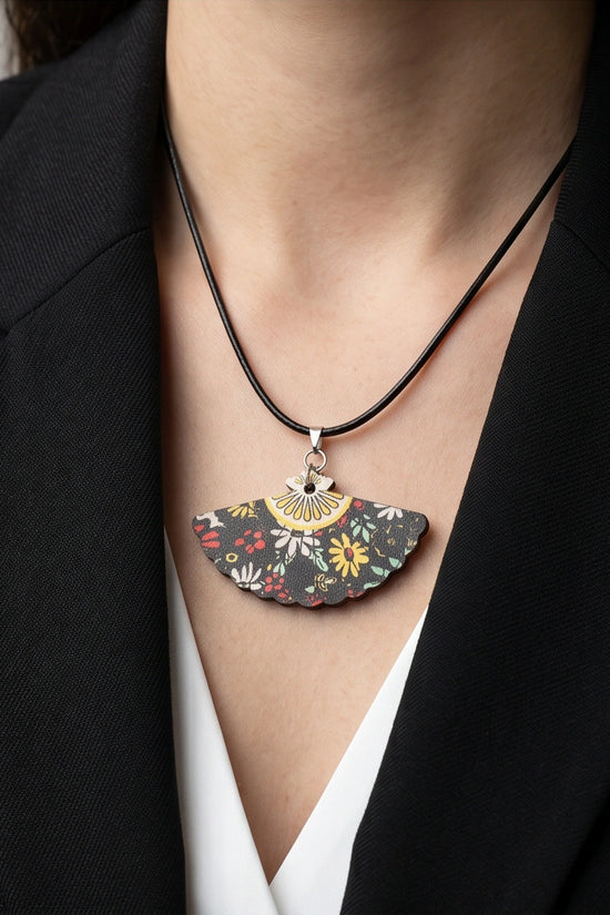 Vintage Black Botanical Hand-Fan Pendant Necklace