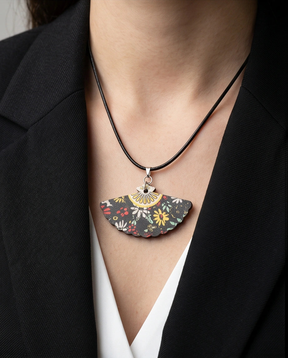 Vintage Black Botanical Hand-Fan Pendant Necklace