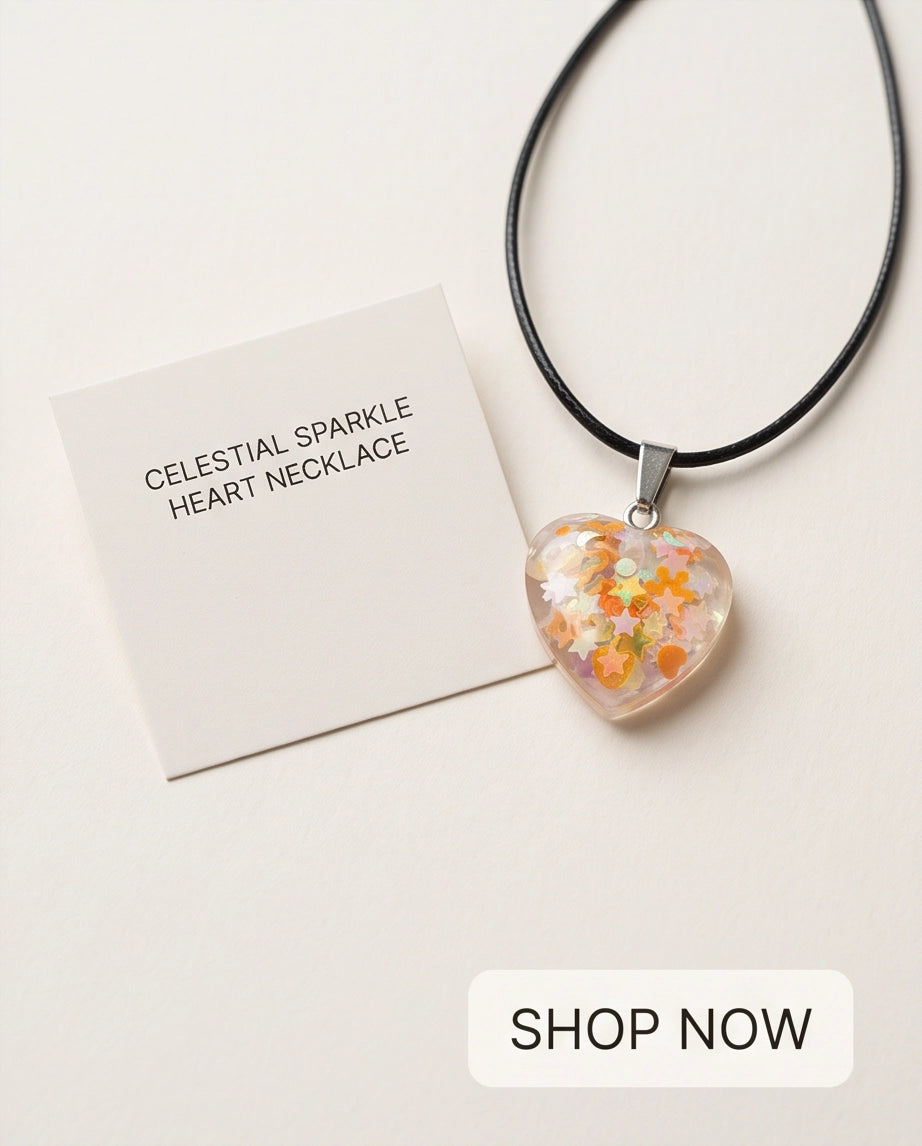 Silver Peach Orange Glitter Heart Resin Pendant Necklace