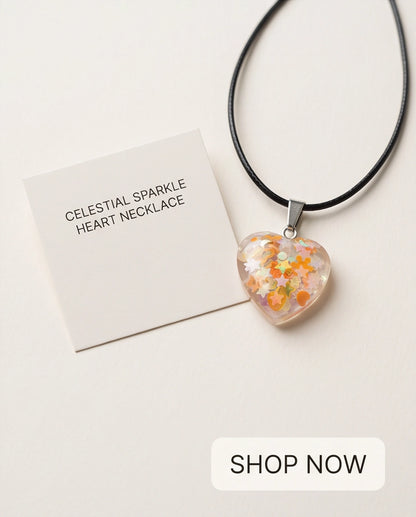 Silver Peach Orange Glitter Heart Resin Pendant Necklace