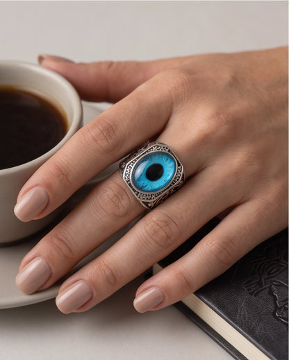 Cyan Sky-Blue Evil Eye Cabochon Gothic Filigree Silver Ring