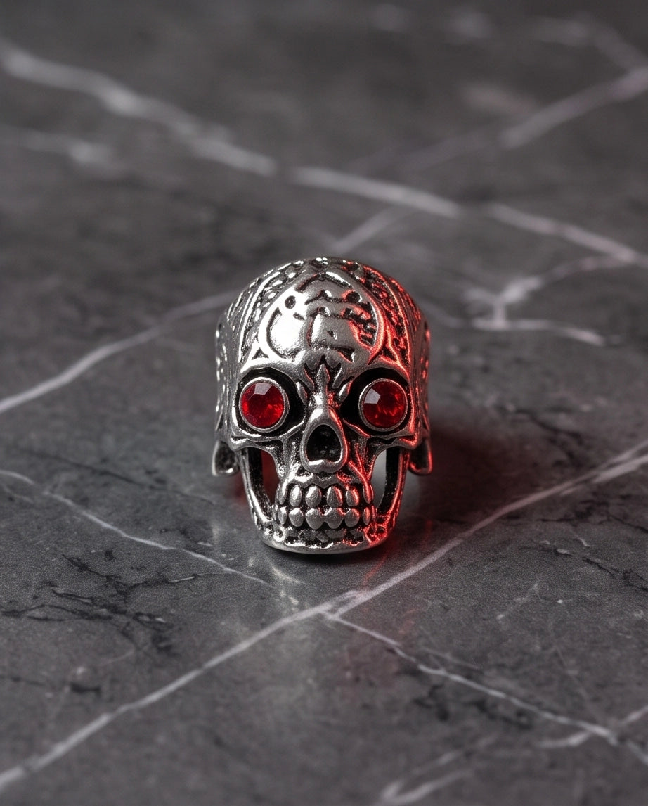 Ruby-Eyed Filigree Skull Ring
