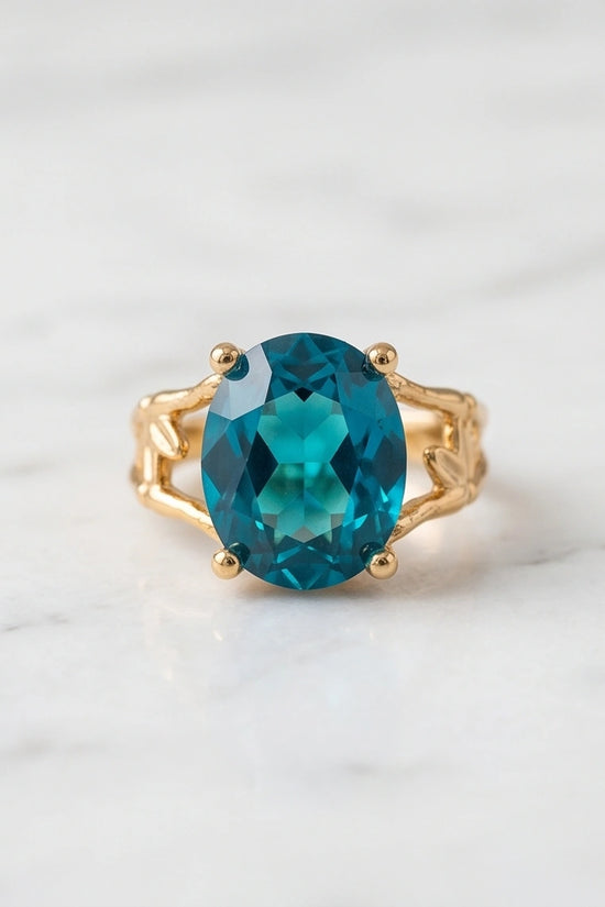 Gold Plated Aqua Blue Topaz Bamboo Leaf Ring