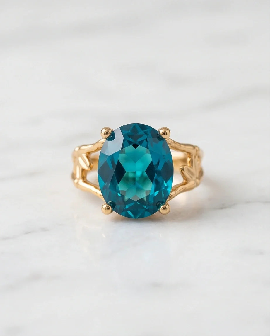 Gold Plated Aqua Blue Topaz Bamboo Leaf Ring