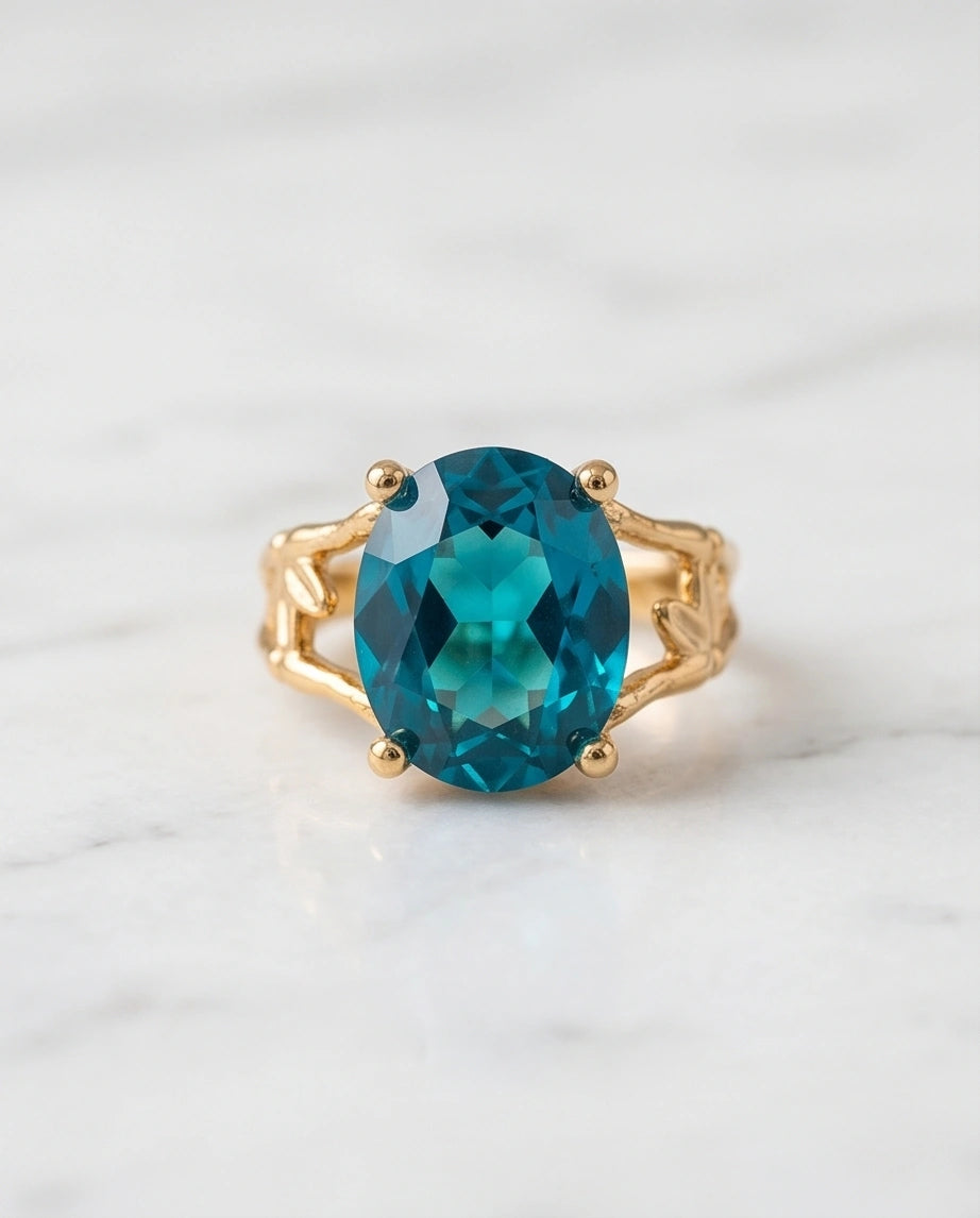 Gold Plated Aqua Blue Topaz Bamboo Leaf Ring