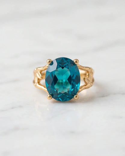 Gold Plated Aqua Blue Topaz Bamboo Leaf Ring