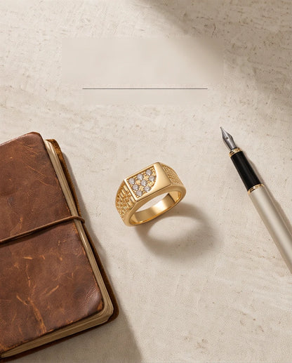 Pavé Crystal Cluster Inlay Brick-Link Band Gold Ring
