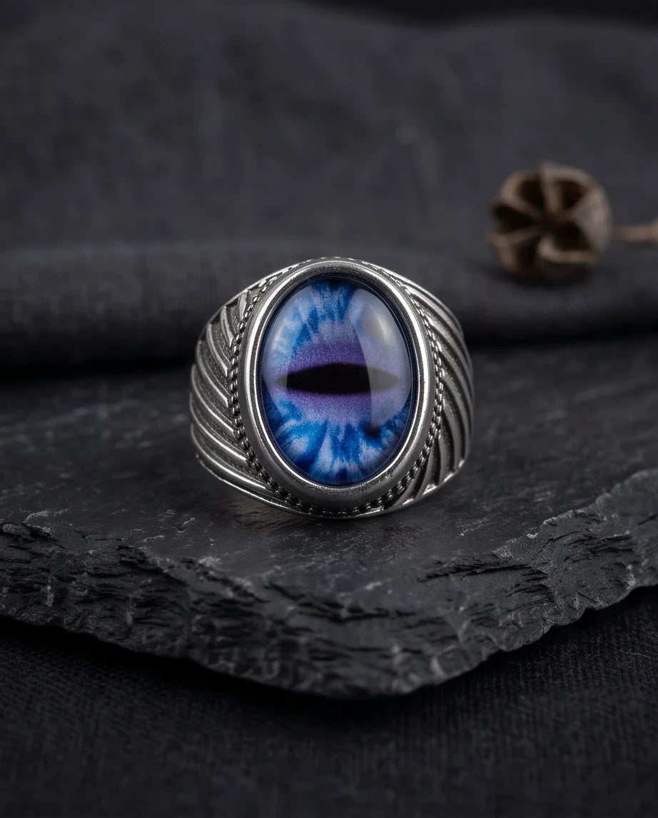 Sapphire Frost Slit-Pupil Beaded Silver Ring