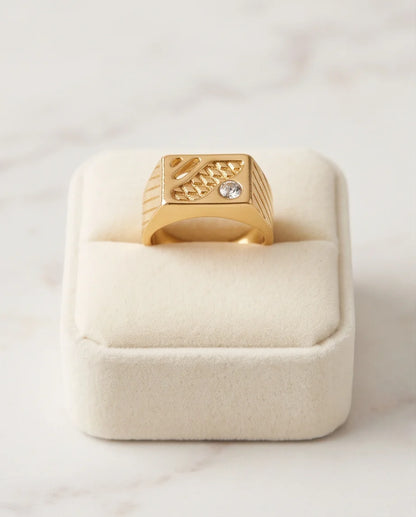 Abstract Textured Multi-Inlay Asymmetrical Signet Gold Ring