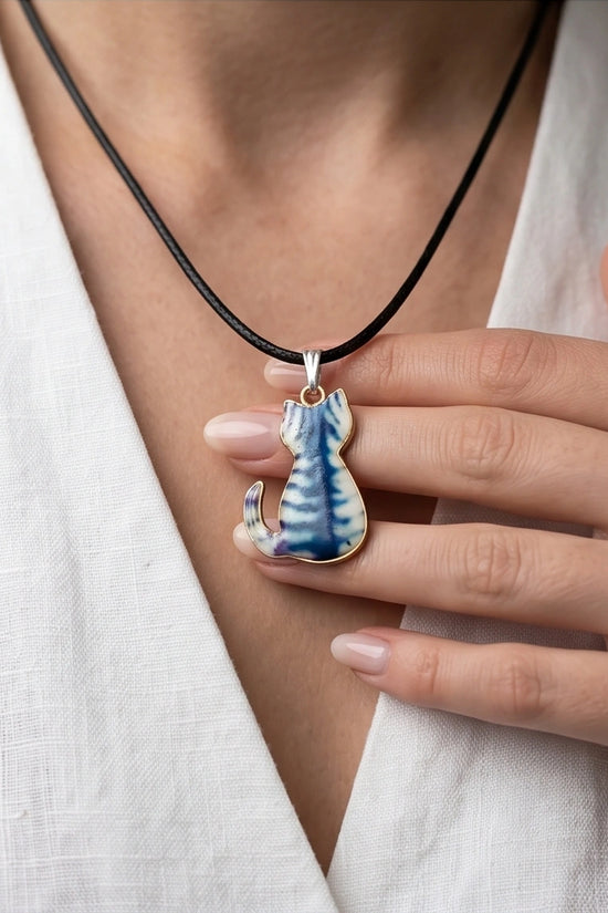 Artistic Blue Watercolor Feline Silhouette Pendant Necklace