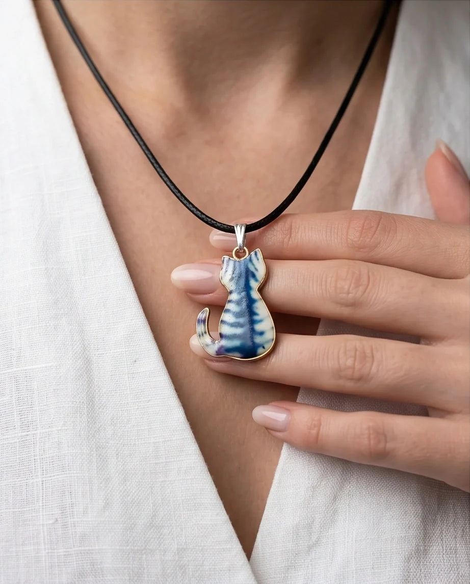 Artistic Blue Watercolor Feline Silhouette Pendant Necklace