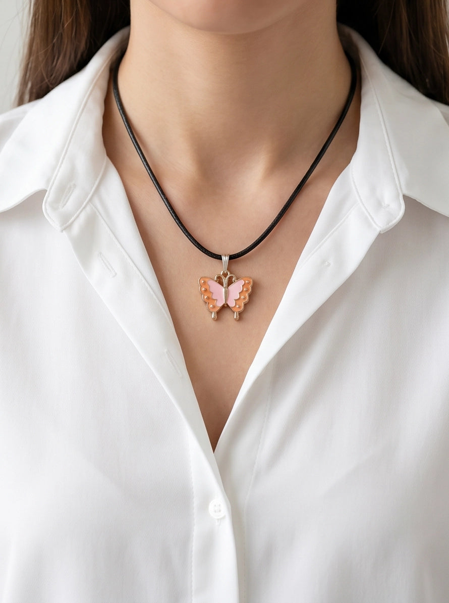 Pink & Peach Enamel Butterfly Pendant Necklace