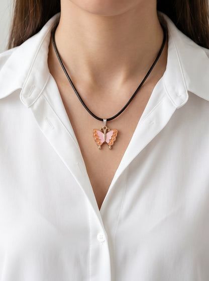 Pink & Peach Enamel Butterfly Pendant Necklace