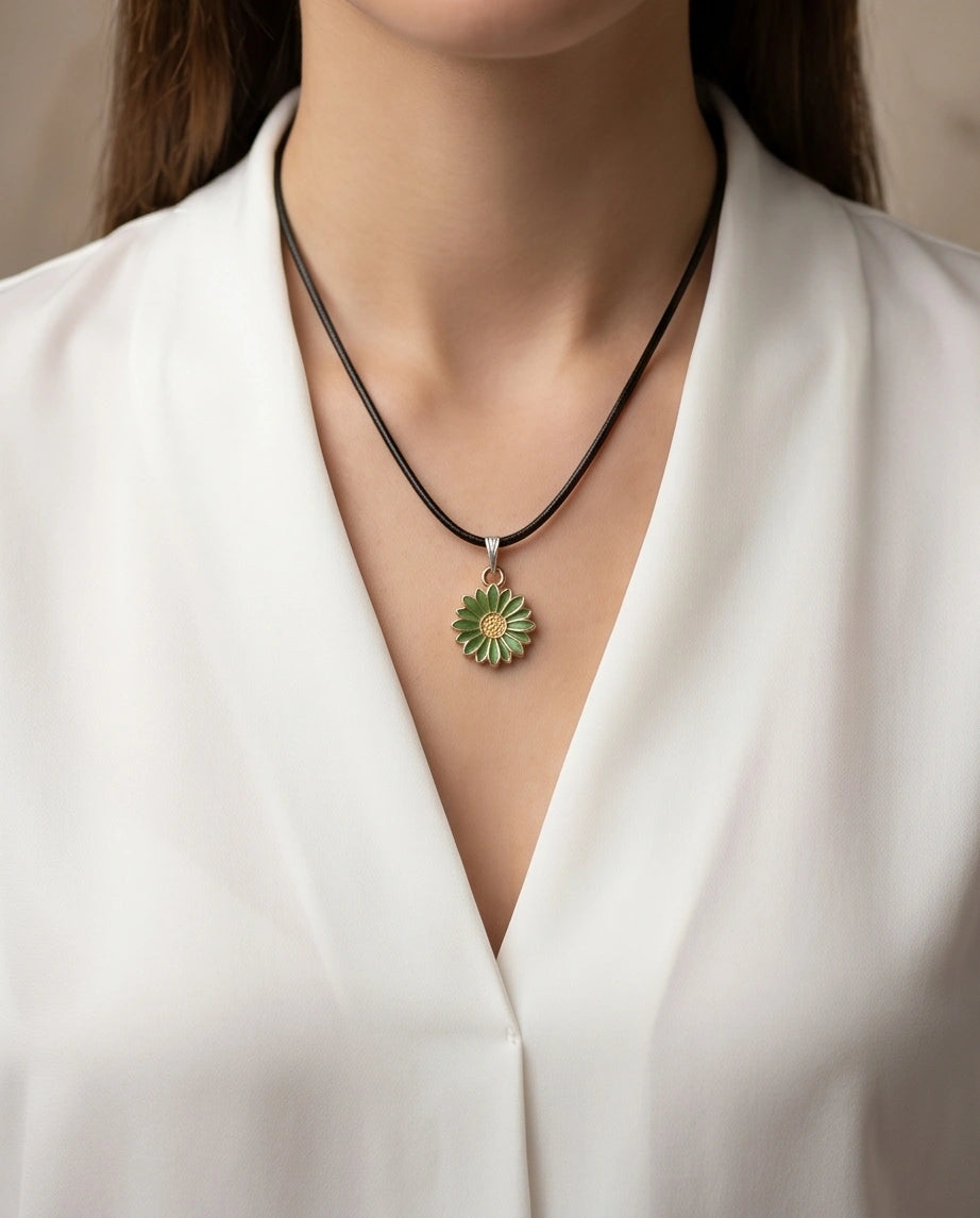 Gold and Green Daisy Pendant Necklace