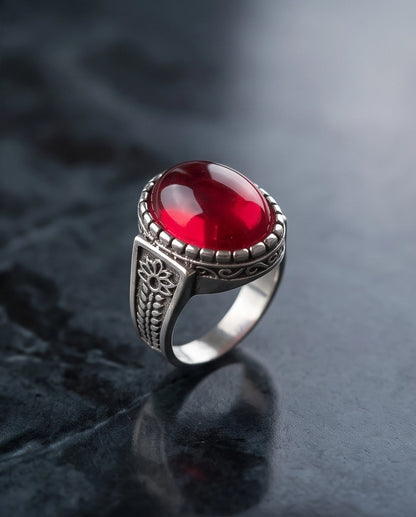 Ruby Cabochon Beaded Bezel Floral Silver Ring