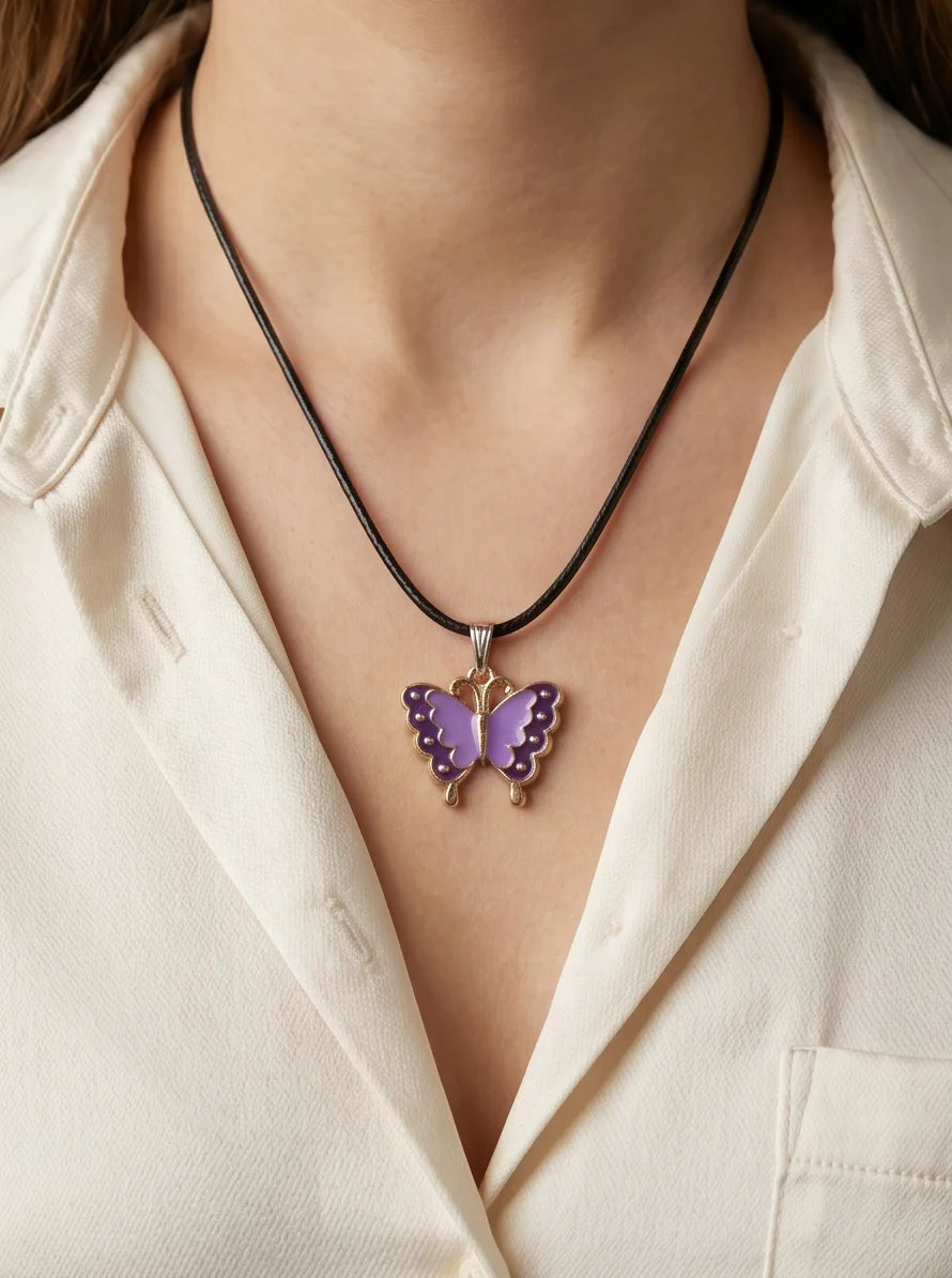 Purple Enamel Butterfly Pendant Necklace