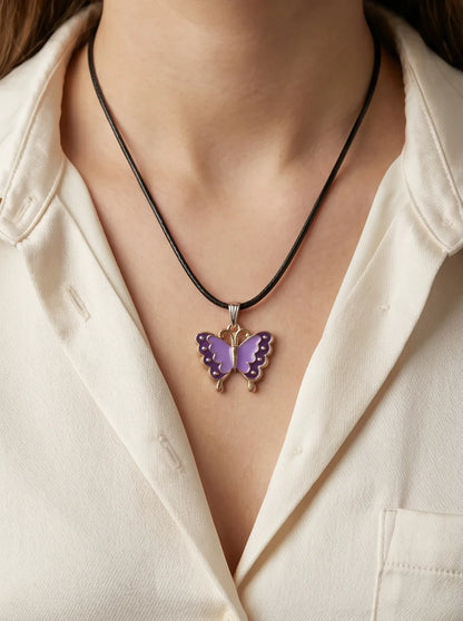 Purple Enamel Butterfly Pendant Necklace