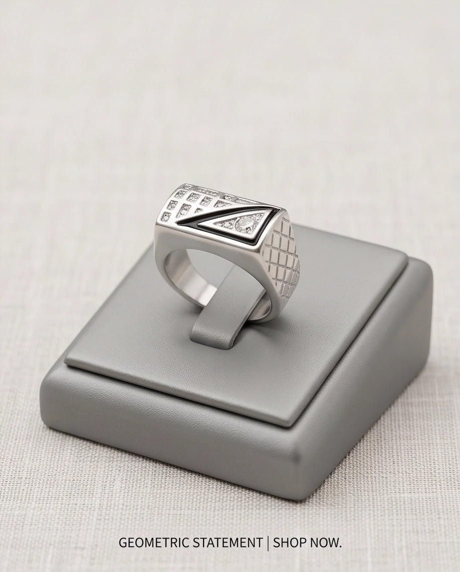 Split-Face Onyx & Clear Crystal Diamond-Mesh Silver Ring