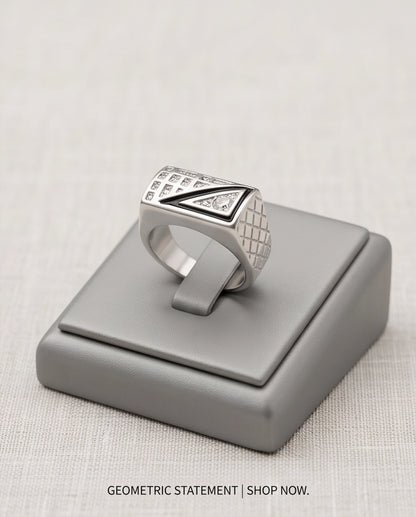 Split-Face Onyx & Clear Crystal Diamond-Mesh Silver Ring