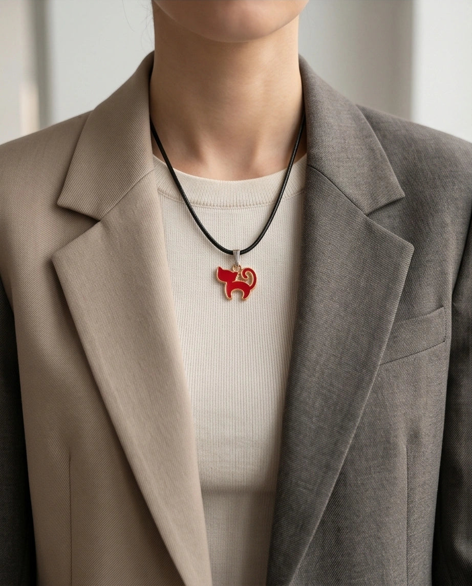 Gold and Red Cat Pendant Necklace