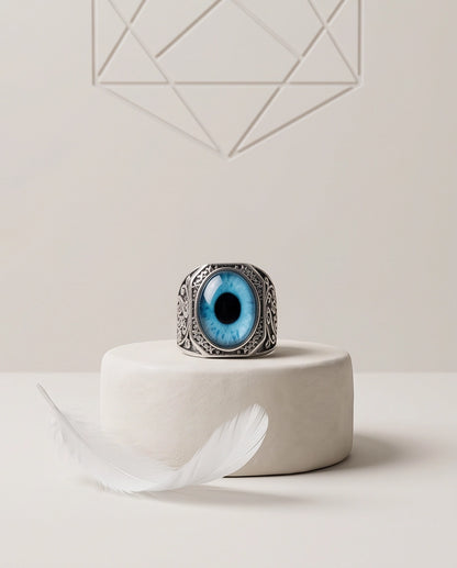 Cyan Sky-Blue Evil Eye Cabochon Gothic Filigree Silver Ring