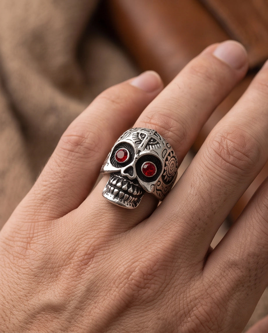 Ruby-Eyed Filigree Skull Band Silver Ring