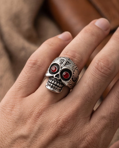 Ruby-Eyed Filigree Skull Band Silver Ring