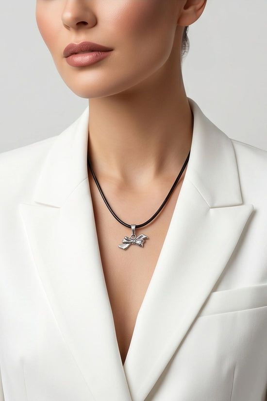 Silver Retro Ribbon Bow Necklace